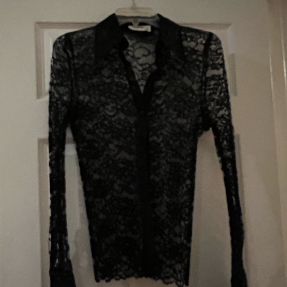 NEW Black, sheer lace button-down shirt - Picture 2 of 6